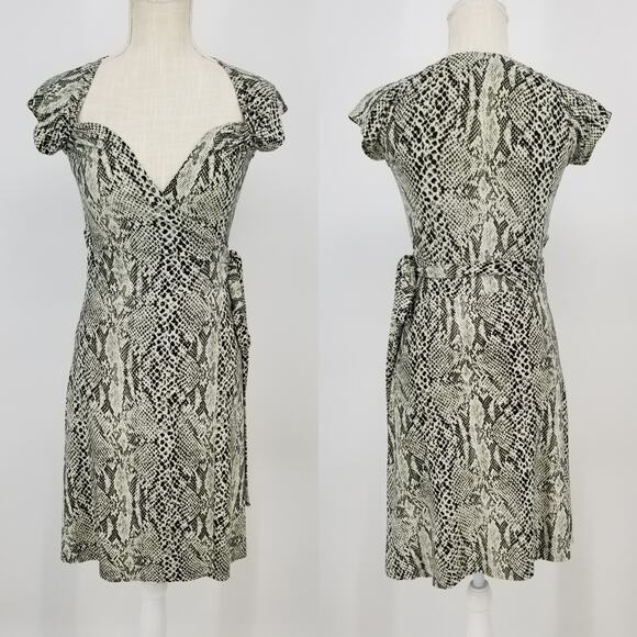 Norma Kamali Wrap Dress XS Snake Skin Sweetheart Neckline Cap Sleeve Green Cream - Picture 1 of 12